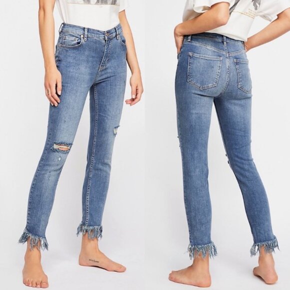 Free People Great Heights Frayed Hem Slim Fit Jeans Distressed Size 28 Boho Chic - Picture 1 of 16
